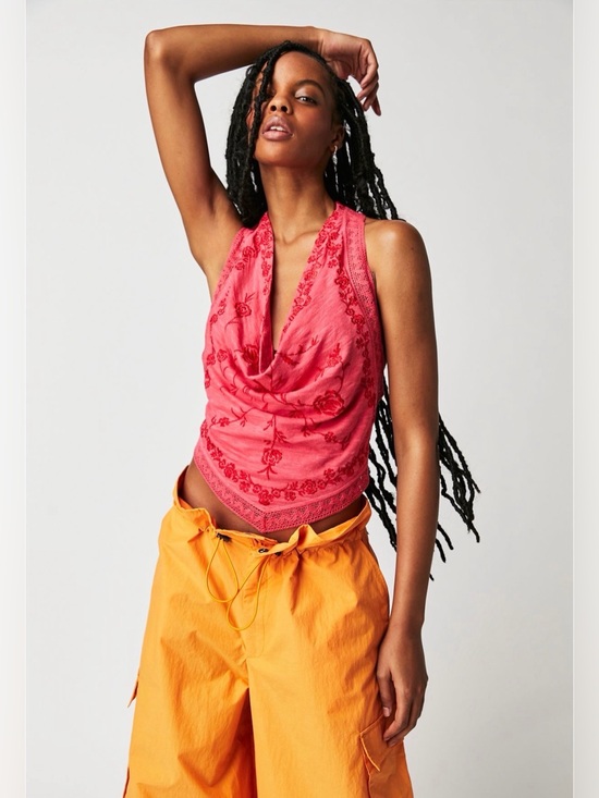 Free People Tops - Free People - Pink Embroidered Halter Cowl Neck Top